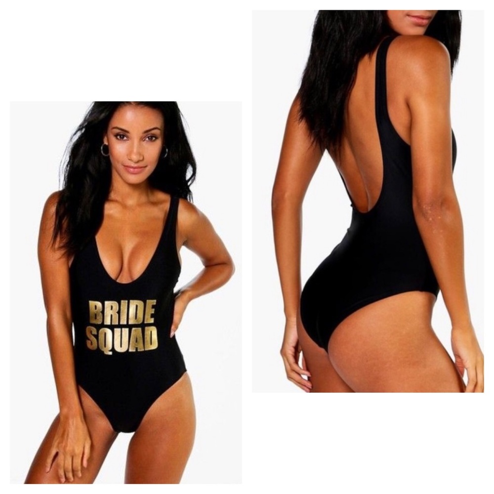 boohoo Bride Squad one pieceโ bathing women's size 6 suit black gold foil